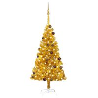 vidaXL Osvetlený umelý vianočný stromček s guľami, zlatý 120 cm, PET