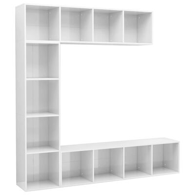 vidaXL 3-dielna knižnica/TV skrinka lesklá biela 180x30x180 cm