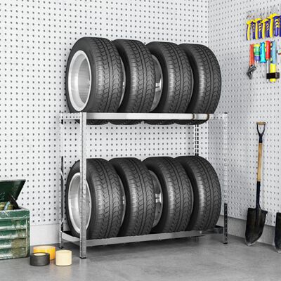 vidaXL 2-poschodový stojan na pneumatiky strieborný 110x40x110 cm oceľ