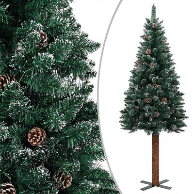 vidaXL Úzky osvetlený vianočný stromček pravé drevo+sneh, zelený 210cm