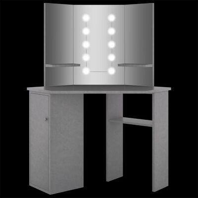 vidaXL Rohový toaletný stolík s LED betónovosivý 111x54x141,5 cm