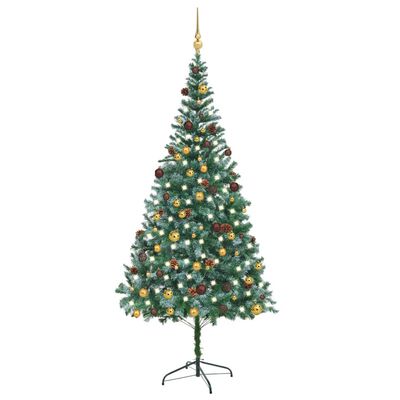 vidaXL Osvetlený umelý vianočný stromček s guľami a šiškami 210 cm