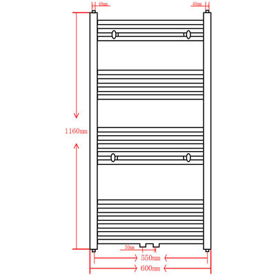 Čierny rebríkový radiátor na centrálne vykurovanie, rovný 600x1160 mm