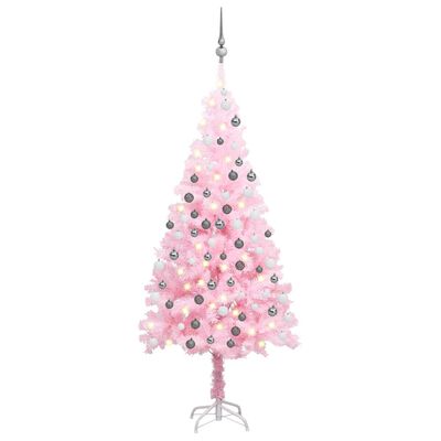 vidaXL Osvetlený umelý vianočný stromček s guľami, ružový 120 cm, PVC