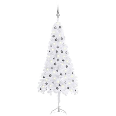 vidaXL Rohový umelý vianočný stromček s LED a guľami biely 240 cm PVC
