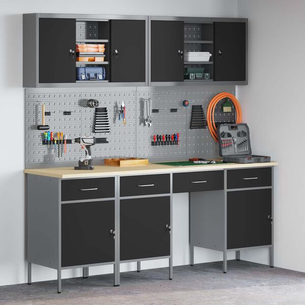 vidaXL Pracovn&aacute; skrinka 10 pcs Čierna Inžinierske drevo a oceľ