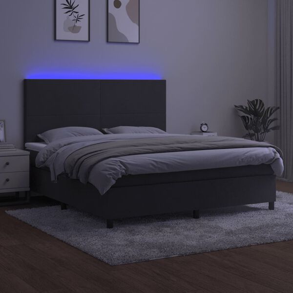 vidaXL Posteľ boxsping s matracom a LED tmavosiv&aacute; 180x200 cm zamat
