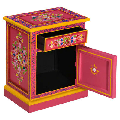 vidaXL Nočný stolík, masívne mangovníkové drevo, ružový, ručne maľovaný