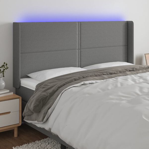 vidaXL Čelo postele s LED tmavosiv&eacute; 183x16x118/128 cm l&aacute;tka