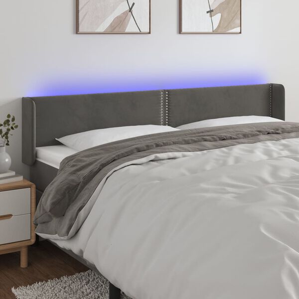 vidaXL Čelo postele s LED tmavosiv&eacute; 163x16x78/88 cm zamat