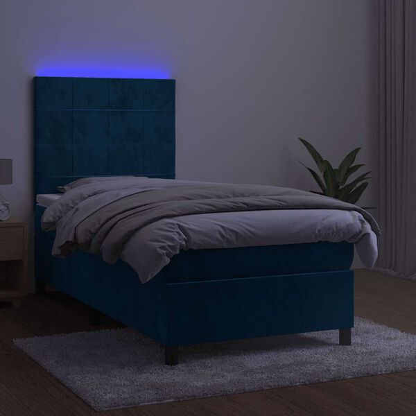 vidaXL Posteľn&yacute; r&aacute;m boxsping matrac a LED tmavomodr&yacute; 90x190 cm zamat