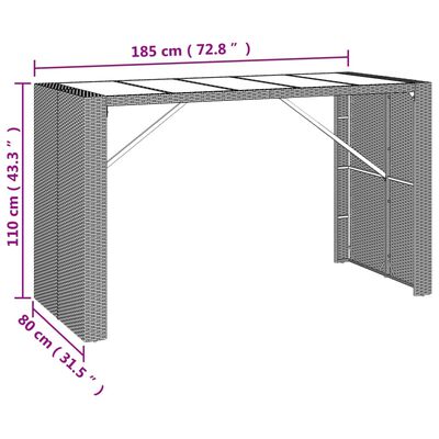 vidaXL Barový stôl so sklenenou doskou sivý 185x80x110 cm polyratan