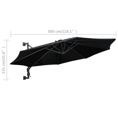 vidaXL Nástenný slnečník s kovovou tyčou 300 cm, čierny