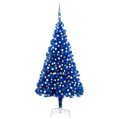 vidaXL Osvetlený umelý vianočný stromček s guľami, modrý 240 cm, PVC