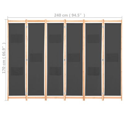vidaXL 6-panelový paraván sivý 240x170x4 cm látkový