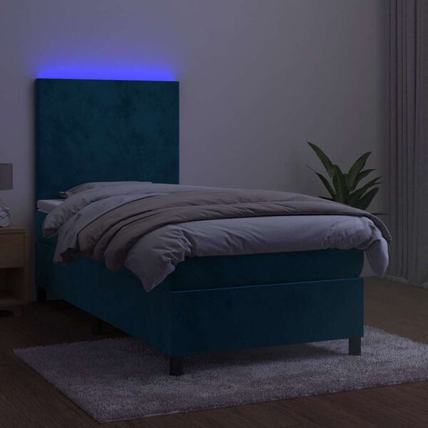 vidaXL Posteľn&yacute; r&aacute;m boxsping matrac a LED tmavomodr&yacute; 90x190 cm zamat