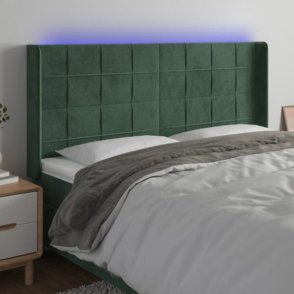 vidaXL Čelo postele s LED tmavozelen&eacute; 163x16x118/128 cm zamat