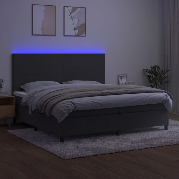 vidaXL Posteľ boxsping s matracom a LED tmavosiv&aacute; 200x200 cm zamat