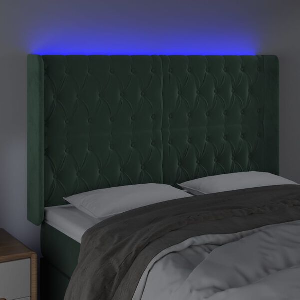 vidaXL Čelo postele s LED tmavozelen&eacute; 147x16x118/128 cm zamat