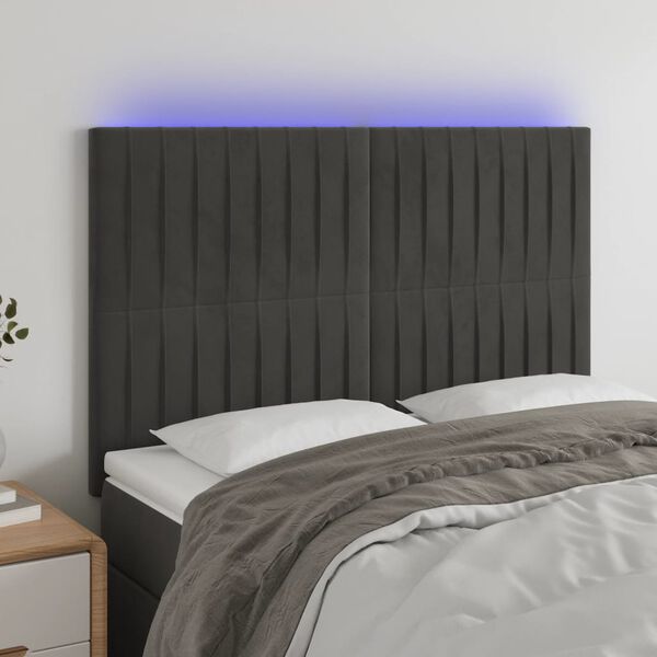 vidaXL Čelo postele s LED tmavosiv&eacute; 144x5x118/128 cm zamat