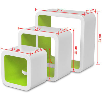 3 bielo-zelené nástenné poličky z MDF, tvar kocky, uskladnenie kníh/DVD