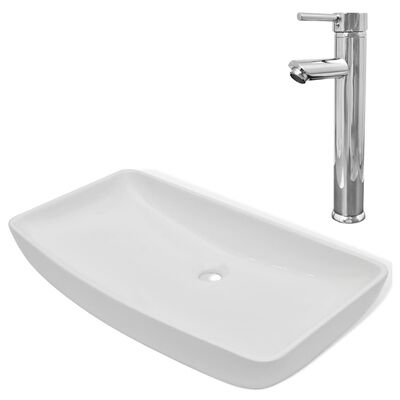 vidaXL Kúpeľňové umývadlo s pákovým kohútikom keramické obdĺžnikové biele