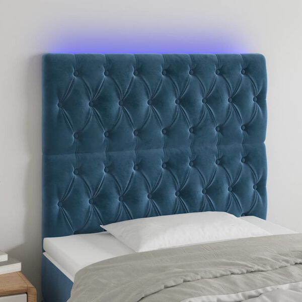 vidaXL Čelo postele s LED tmavomodr&eacute; 90x7x118/128 cm zamat