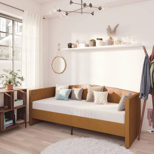 vidaXL Pohovka s matracom a USB hnedá zamatová 90x200 cm