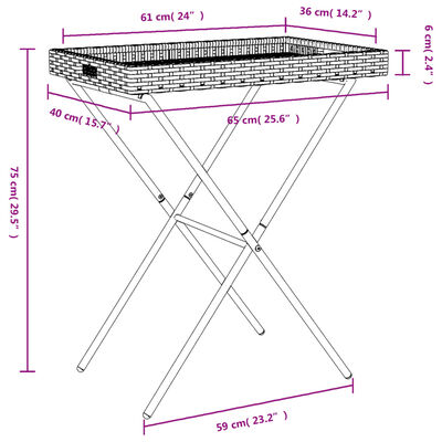 vidaXL Skladací stolík s podnosom sivý 65x40x75 cm polyratan