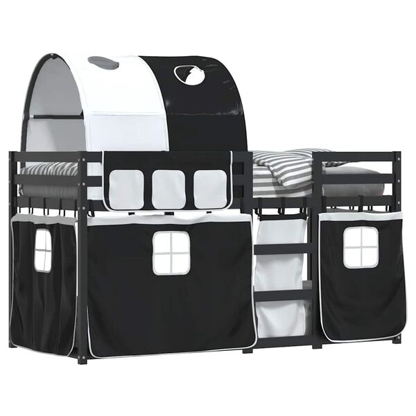 vidaXL Poschodová posteľ závesy bielo-čierna 90x190cm masívna borovica