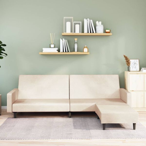 vidaXL 2-miestna rozkladacia pohovka s podnožkou kr&eacute;mov&aacute; zamatov&aacute;