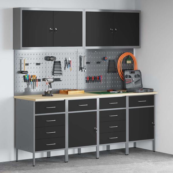 vidaXL Pracovn&aacute; skrinka 10 pcs Čierna Inžinierske drevo a oceľ