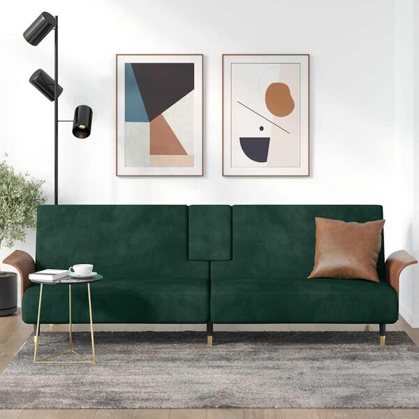 vidaXL Rozkladacia pohovka s držiakmi poh&aacute;rov tmavozelen&aacute; zamat