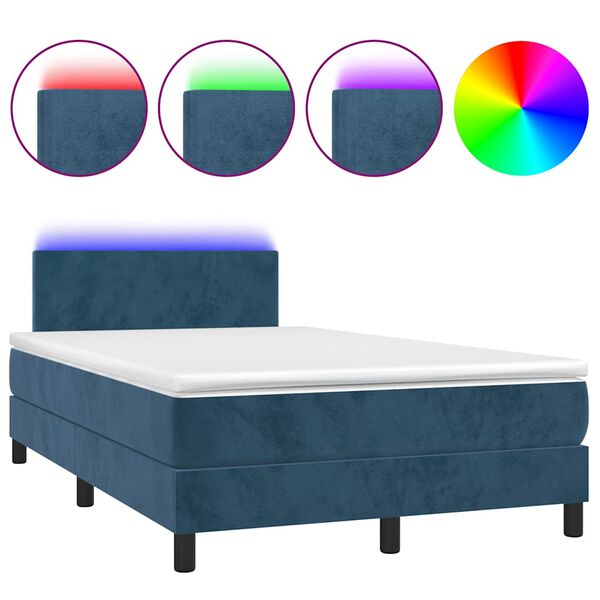 vidaXL Boxspring posteľ s matracom a LED, tmavomodr&aacute; 120x190 cm, zamat
