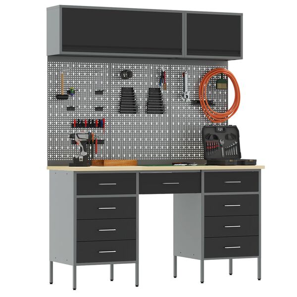 vidaXL Pracovn&aacute; skrinka so z&aacute;suvkou 8 pcs Čierna 150 x 55 x 200 cm