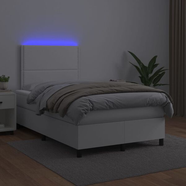 vidaXL Boxspring posteľ s matracom a LED, biela 120x190 cm, umel&aacute; koža