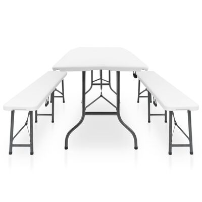 vidaXL Sklápací záhradný stôl a 2 lavičky HDPE a oceľ 180 cm biely
