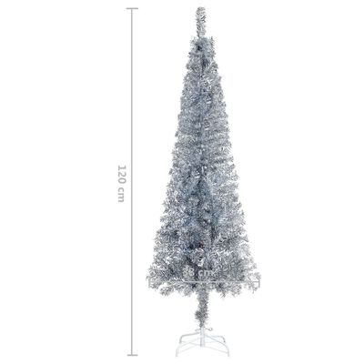 vidaXL Úzky osvetlený vianočný stromček s guľami, strieborný 120 cm