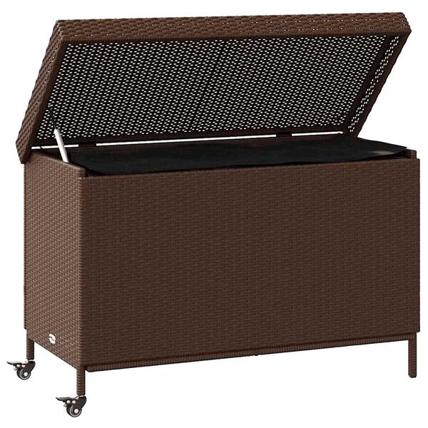 vidaXL Záhradný úložný box s kolieskami Hnedý 110x55x73 cm Poly Rattan