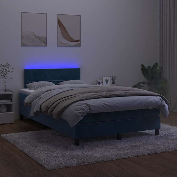 vidaXL Boxspring posteľ s matracom a LED, tmavomodr&aacute; 120x190 cm, zamat