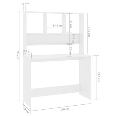 vidaXL Stôl s policami, lesklý biely 110x45x157 cm, kompozitné drevo