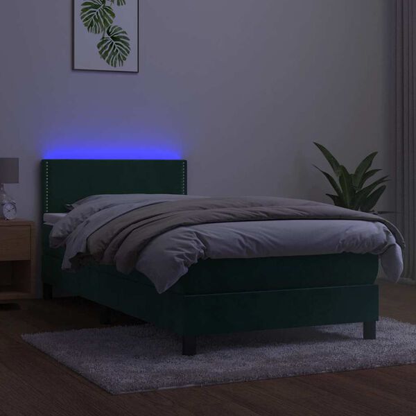 vidaXL Posteľn&yacute; r&aacute;m boxsping matrac a LED tmavozelen&yacute; 90x190 cm zamat