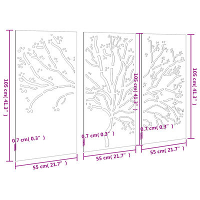 vidaXL Záhradné nástenné dekorácie 3 ks 105x55 cm kortenová oceľ strom