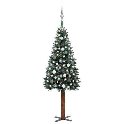 vidaXL Úzky osvetlený vianočný stromček s guľami, zelený 150 cm