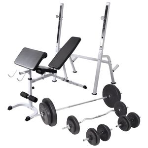 vidaXL Posilňovacia lavica so stojanom na z&aacute;važie a sadou obojručn&yacute;ch a jednoručn&yacute;ch činiek 90 kg