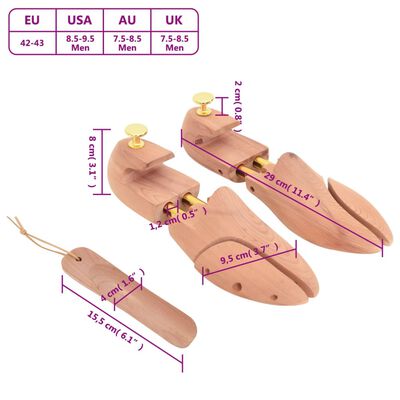vidaXL Napínač topánok s obuvákom EU 42-43 masívne cédrové drevo