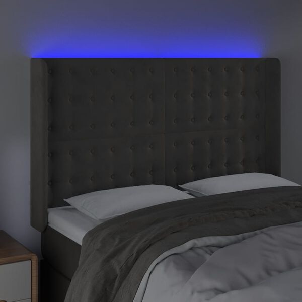 vidaXL Čelo postele s LED tmavosiv&eacute; 147x16x118/128 cm zamat