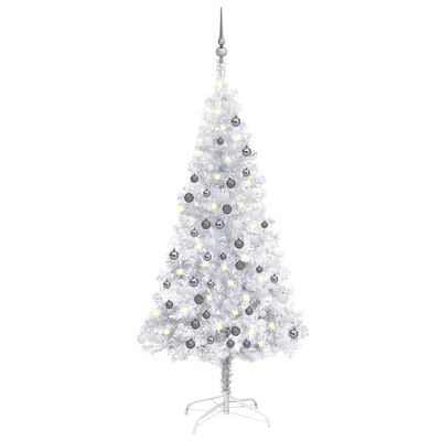 vidaXL Osvetlený umelý vianočný stromček s guľami strieborný 120cm PET