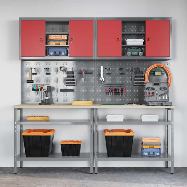 vidaXL Sada pracovného stola s poličkou s úložiskom Červená Oceľ