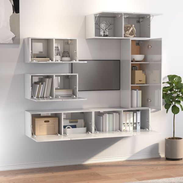 vidaXL 6-dielna s&uacute;prava TV skriniek leskl&aacute; biela spracovan&eacute; drevo